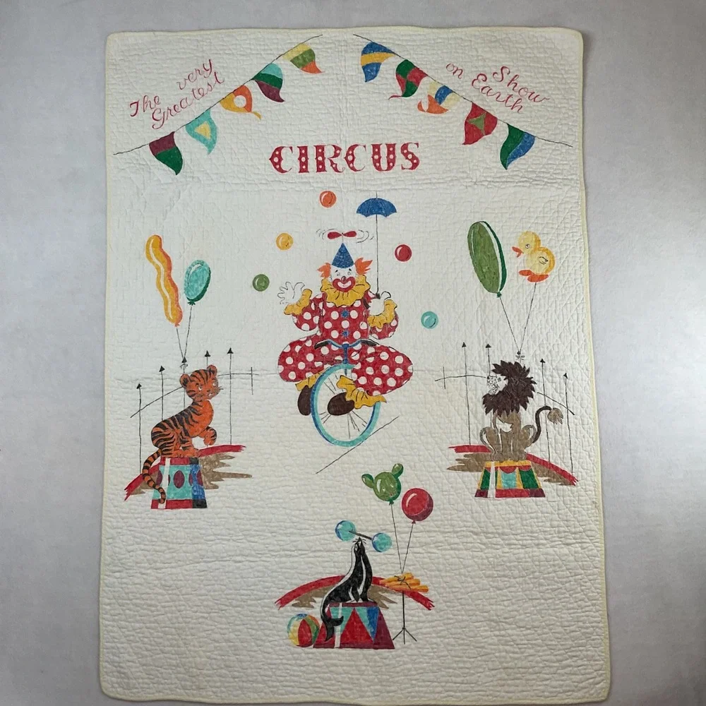 Vintage Circus Baby Blanket Quilt Clown Lion Tiger Cream Yellow 43x31